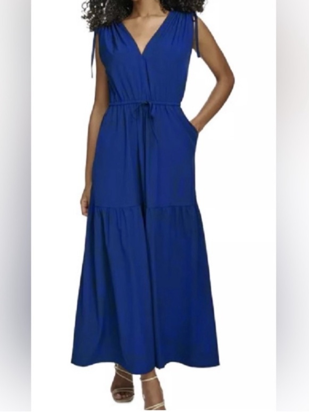Calvin Klein Sleeveless V-Neck Tie-Shoulder Maxi Dress in Royal Blue